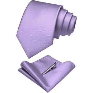 Men's Lavender Colour Formal Necktie and Pocket Square Tie Clip Sets